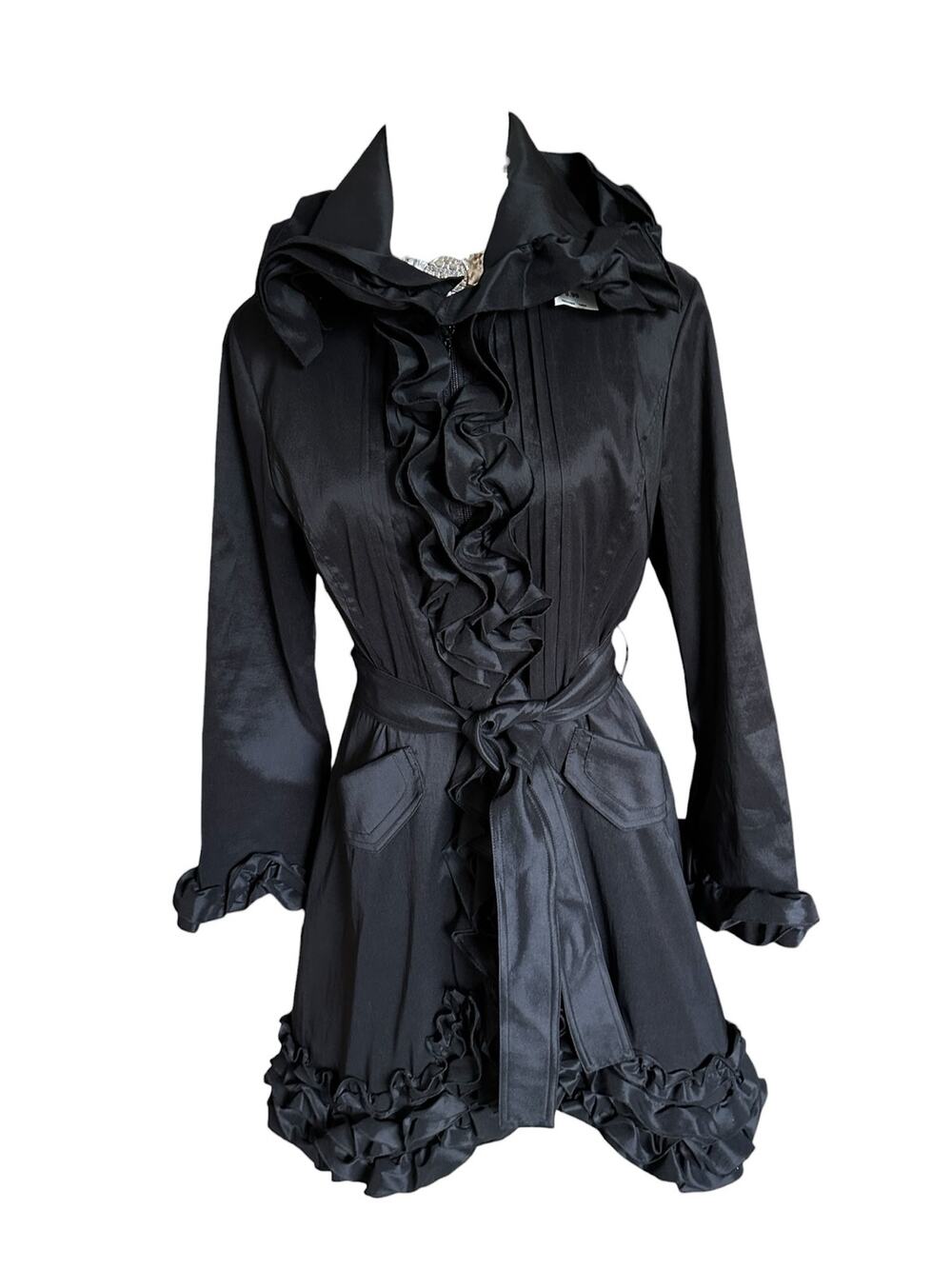 Samuel Dong Taffeta Avant Garde Black Ruffle Formal Dress Coat, size small